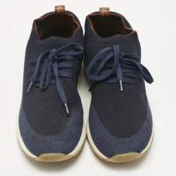 Pre Owned Loro Piana Navy Blue Knit Fabric and Leather 360 LP Flexy Walk Slip On Sneakers Size 39