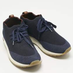 Pre Owned Loro Piana Navy Blue Knit Fabric and Leather 360 LP Flexy Walk Slip On Sneakers Size 39