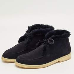 Pre Owned Loro Piana Navy Blue Mink Fur and Suede Open Walk Ankle Length Boots Size 42