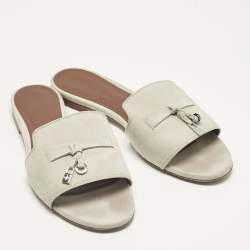 Pre Owned Loro Piana Grey Suede Summer Charms Walk Flat Slide Size 37