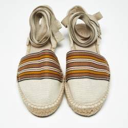 Pre Owned Loro Piana Cream/Brown Canvas Ankle Wrap Espadrille Flats Size 37