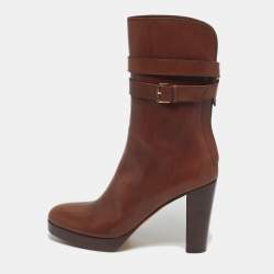 Pre Owned Loro Piana Brown Leather Buckle Details Ankle Length Boots Size 37
