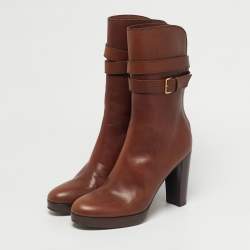 Pre Owned Loro Piana Brown Leather Buckle Details Ankle Length Boots Size 37