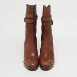 Pre Owned Loro Piana Brown Leather Buckle Details Ankle Length Boots Size 37