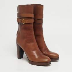 Pre Owned Loro Piana Brown Leather Buckle Details Ankle Length Boots Size 37
