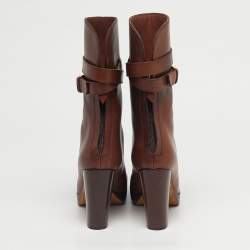 Pre Owned Loro Piana Brown Leather Buckle Details Ankle Length Boots Size 37