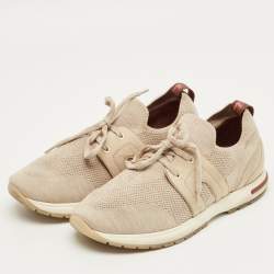 Pre Owned Loro Piana Beige Knit Fabric and Suede 360 LP Flexy Walk Lace Up Sneakers Size 36