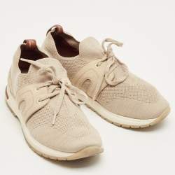 Pre Owned Loro Piana Beige Knit Fabric and Suede 360 LP Flexy Walk Lace Up Sneakers Size 36