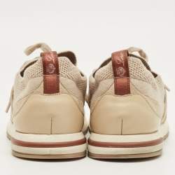 Pre Owned Loro Piana Beige Knit Fabric and Suede 360 LP Flexy Walk Lace Up Sneakers Size 36