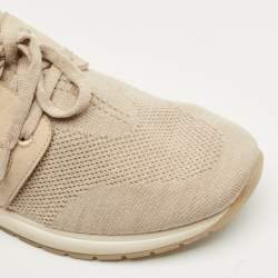 Pre Owned Loro Piana Beige Knit Fabric and Suede 360 LP Flexy Walk Lace Up Sneakers Size 36
