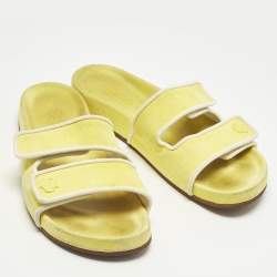 Pre Owned Loro Piana Yellow/White Suede and Leather Waikiki Flat Slides Size 39