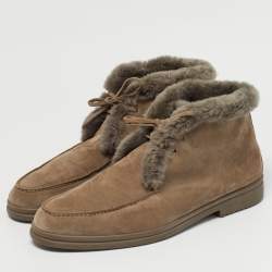 Pre Owned Loro Piana Grey Shearling and Suede Open Walk Ankle Length Boots Size 45