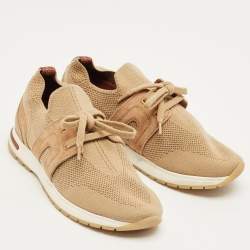 Pre Owned Loro Piana Beige Knit Fabric and Suede 360 LP Flexy Walk Lace Up Sneakers Size 35