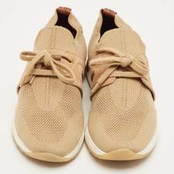 Pre Owned Loro Piana Beige Knit Fabric and Suede 360 LP Flexy Walk Lace Up Sneakers Size 35