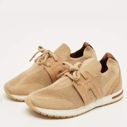 Pre Owned Loro Piana Beige Knit Fabric and Suede 360 LP Flexy Walk Lace Up Sneakers Size 35