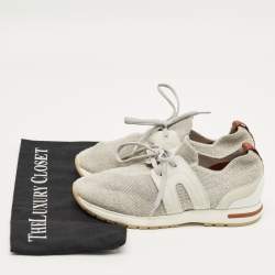 Pre Owned Loro Piana Grey Knit Fabric and Leather 360 LP Flexy Walk Lace Up Sneakers Size 35