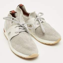 Pre Owned Loro Piana Grey Knit Fabric and Leather 360 LP Flexy Walk Lace Up Sneakers Size 35