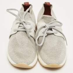 Pre Owned Loro Piana Grey Knit Fabric and Leather 360 LP Flexy Walk Lace Up Sneakers Size 35