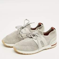 Pre Owned Loro Piana Grey Knit Fabric and Leather 360 LP Flexy Walk Lace Up Sneakers Size 35