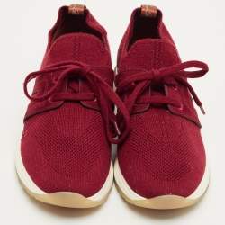 Pre Owned Loro Piana Burgundy Knit Fabric and Suede 360 LP Flexy Walk Lace Up Sneakers Size 35.5