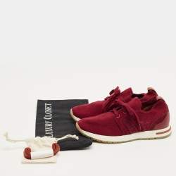 Pre Owned Loro Piana Burgundy Knit Fabric and Suede 360 LP Flexy Walk Lace Up Sneakers Size 35.5