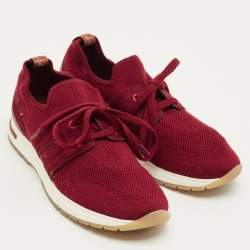 Pre Owned Loro Piana Burgundy Knit Fabric and Suede 360 LP Flexy Walk Lace Up Sneakers Size 35.5