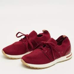 Pre Owned Loro Piana Burgundy Knit Fabric and Suede 360 LP Flexy Walk Lace Up Sneakers Size 35.5