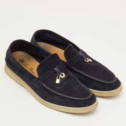 Pre Owned Loro Piana Summer Charms Walk Size 38.5 Navy Blue Suede Slip On Loafers
