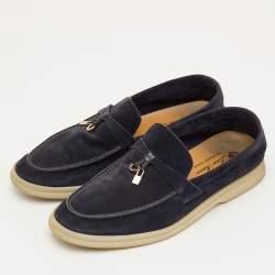 Pre Owned Loro Piana Summer Charms Walk Size 38.5 Navy Blue Suede Slip On Loafers