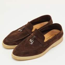 مملوكة مسبقًا Loro Piana Summer Charms Walk Size 38.5 Dark Brown Suede Slip On Loafers
