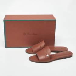 مملوكة مسبقًا Loro Piana Summer Charms Size 38 Brown Leather Flat Slides 
