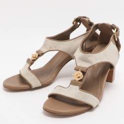 Pre Owned Loro Piana Size 37 Beige Canvas and Leather Ankle Strap Sandals