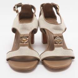 Pre Owned Loro Piana Size 37 Beige Canvas and Leather Ankle Strap Sandals