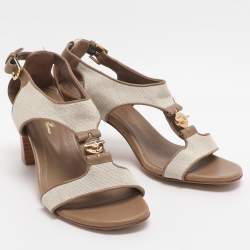 Pre Owned Loro Piana Size 37 Beige Canvas and Leather Ankle Strap Sandals