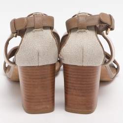 Pre Owned Loro Piana Size 37 Beige Canvas and Leather Ankle Strap Sandals