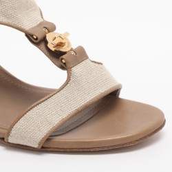 Pre Owned Loro Piana Size 37 Beige Canvas and Leather Ankle Strap Sandals