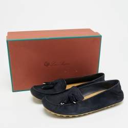 مملوكة مسبقًا Loro Piana Size 38 Navy Blue Suede Tassel Dot Sole Walk Slip On Loafers