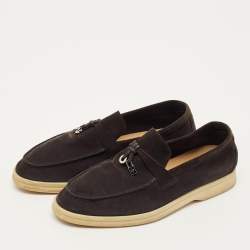 Pre Owned Loro Piana Summer Charms Walk Size 37 Black Nubuck Leather Slip On Loafers