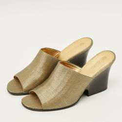 Pre Owned Loro Piana Size 39 Gold Lurex Fabric Block Heel  Mules