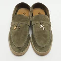 Pre Owned Loro Piana Summer Charms Walk Size 37 Green Suede Loafers