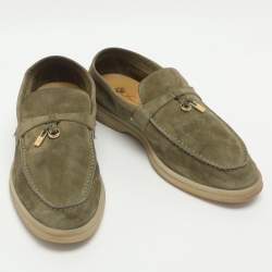 Pre Owned Loro Piana Summer Charms Walk Size 37 Green Suede Loafers