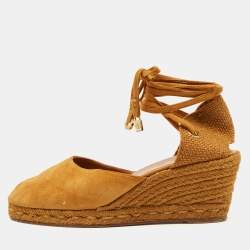 Pre Owned Loro Piana Size 38 Brown Raffia and Suede Wedge Pumps