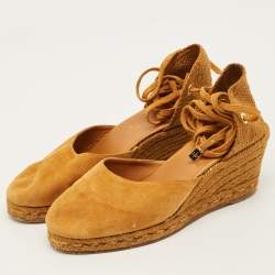 Pre Owned Loro Piana Size 38 Brown Raffia and Suede Wedge Pumps