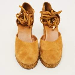 Pre Owned Loro Piana Size 38 Brown Raffia and Suede Wedge Pumps