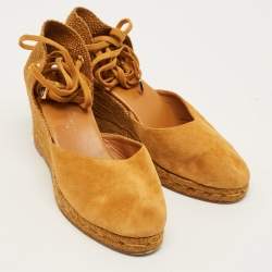 Pre Owned Loro Piana Size 38 Brown Raffia and Suede Wedge Pumps