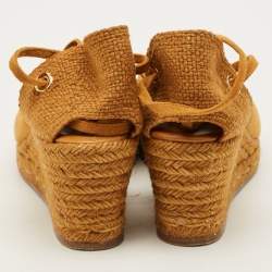 Pre Owned Loro Piana Size 38 Brown Raffia and Suede Wedge Pumps