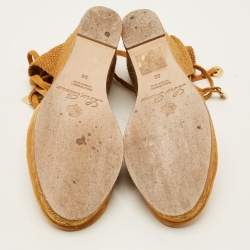 Pre Owned Loro Piana Size 38 Brown Raffia and Suede Wedge Pumps