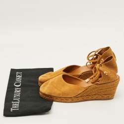 Pre Owned Loro Piana Size 38 Brown Raffia and Suede Wedge Pumps