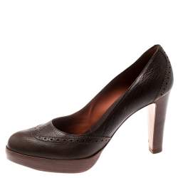 Pre Owned Loro Piana Brown Brogue Leather Platform Pumps Size 38.5