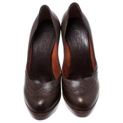 Pre Owned Loro Piana Brown Brogue Leather Platform Pumps Size 38.5